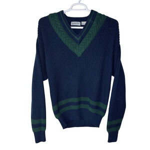 VTG Jonathan Chase Sweater Womens Large Blue Green V Neck Chunky Preppy Tennis